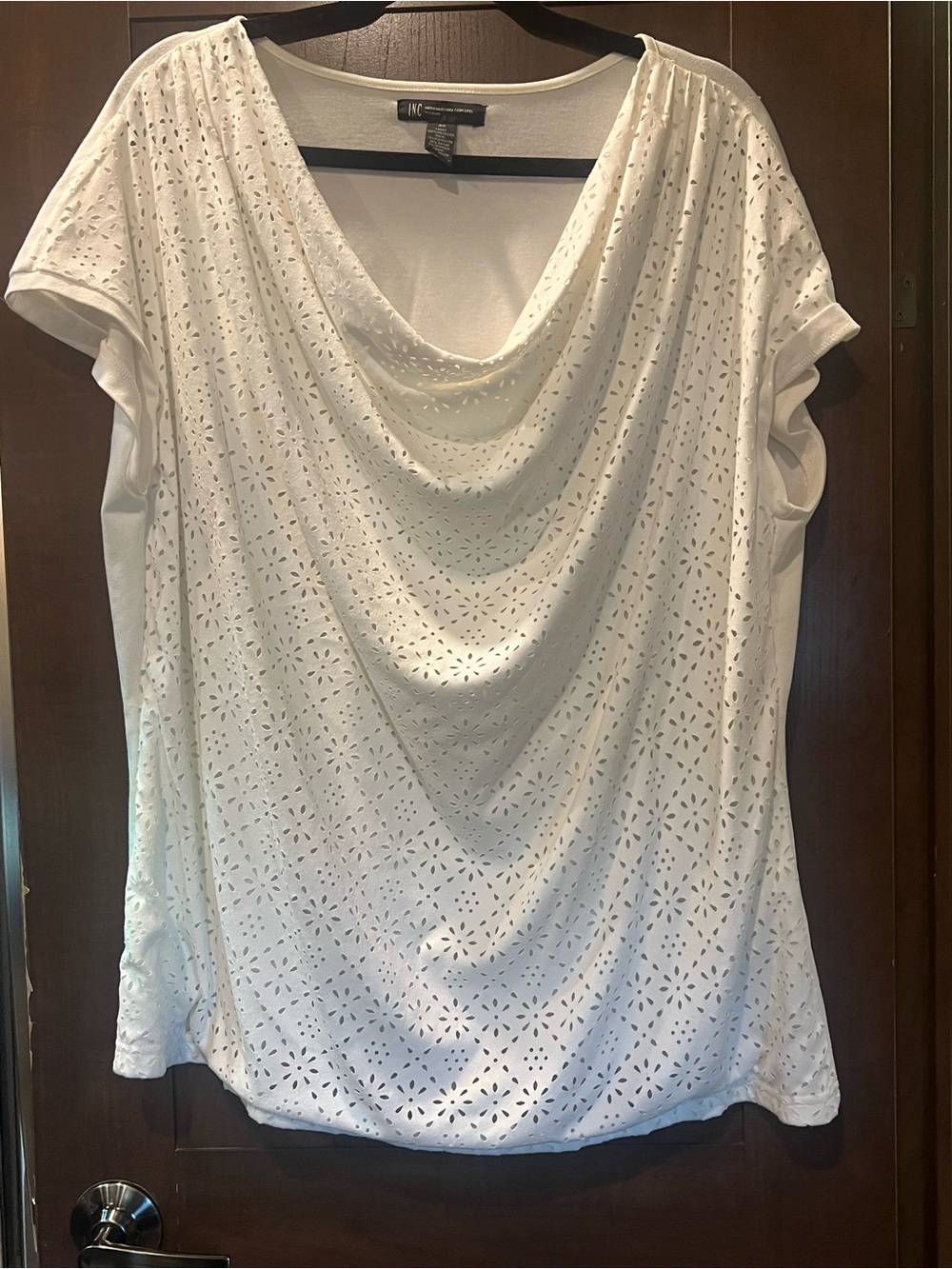 INC International Concepts White Eyelet Draped Cowl Neck Blouse